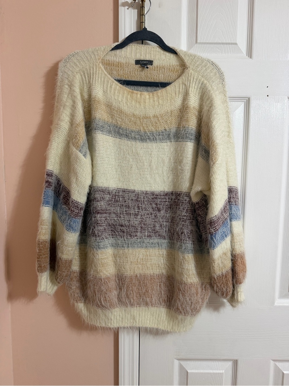 Striped Fuzzy Crewneck Sweater - Cream Multi